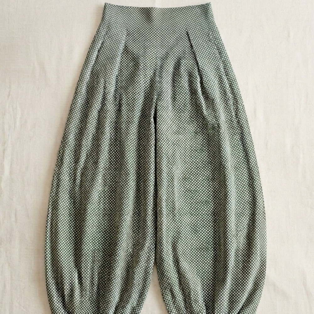 Vintage Green White Checkered High Waisted Harem Flowy Pants Pleated Tapered Leg